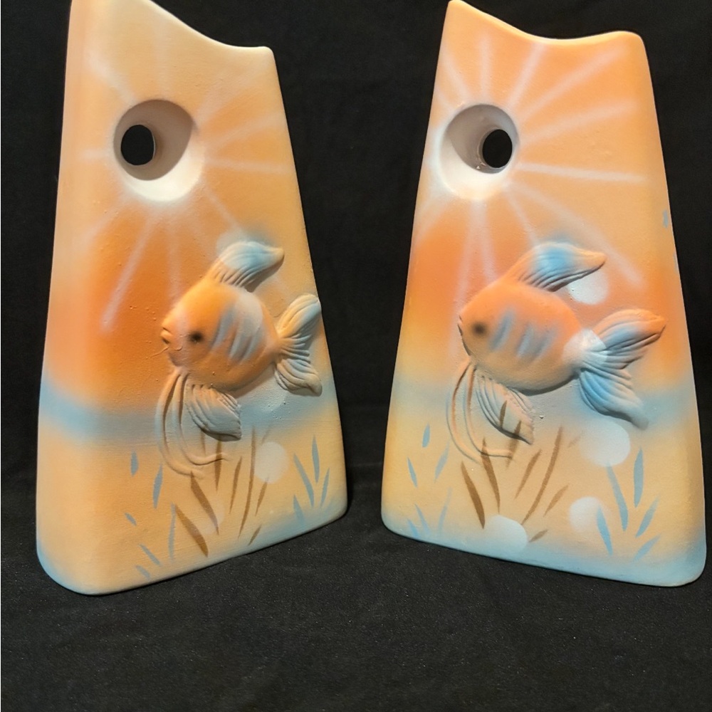 Ceramic With Fish Decoration Vase Orange Blue And Pink Color.